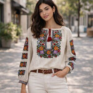 Embroidered natural linen blouse - size S to M